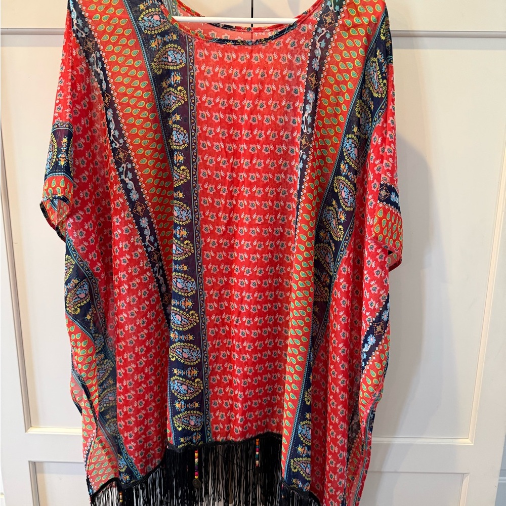 Swimsuit coverup Red Patterned Kimono with Fringe